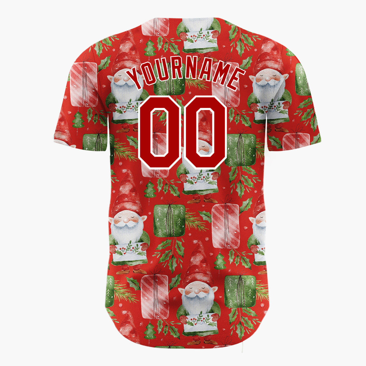 Custom Red Watercolor Gnomes Gifts Festive Illustration Pattern Christmas Baseball Jersey