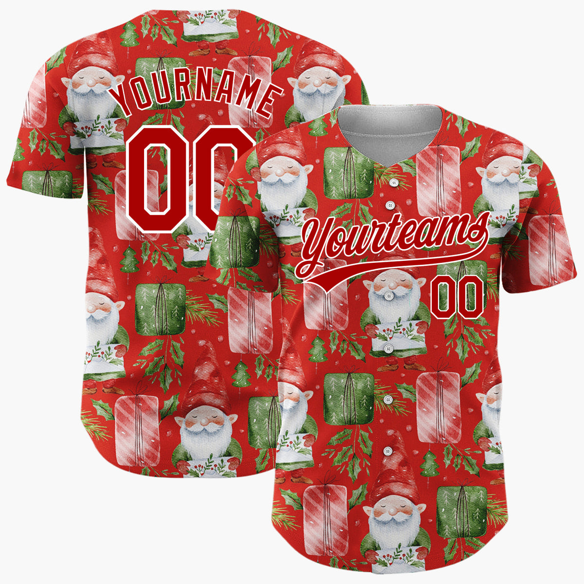 Custom Red Watercolor Gnomes Gifts Festive Illustration Pattern Christmas Baseball Jersey