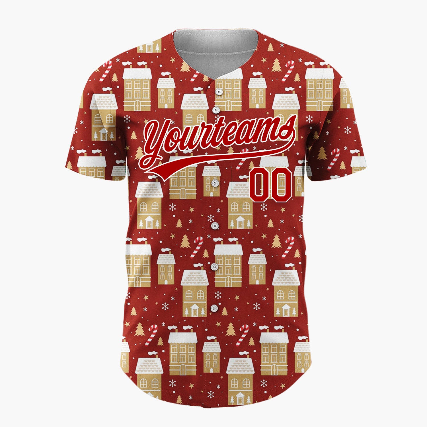 Custom Red Gold Houses Candy Canes And Snowflakes Christmas Village Pattern Christmas Baseball Jersey