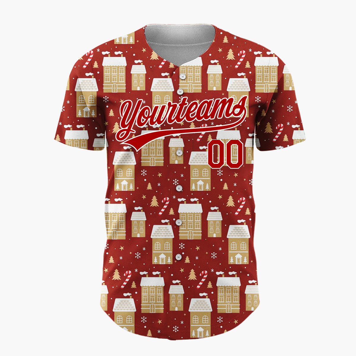 Custom Red Gold Houses Candy Canes And Snowflakes Christmas Village Pattern Christmas Baseball Jersey