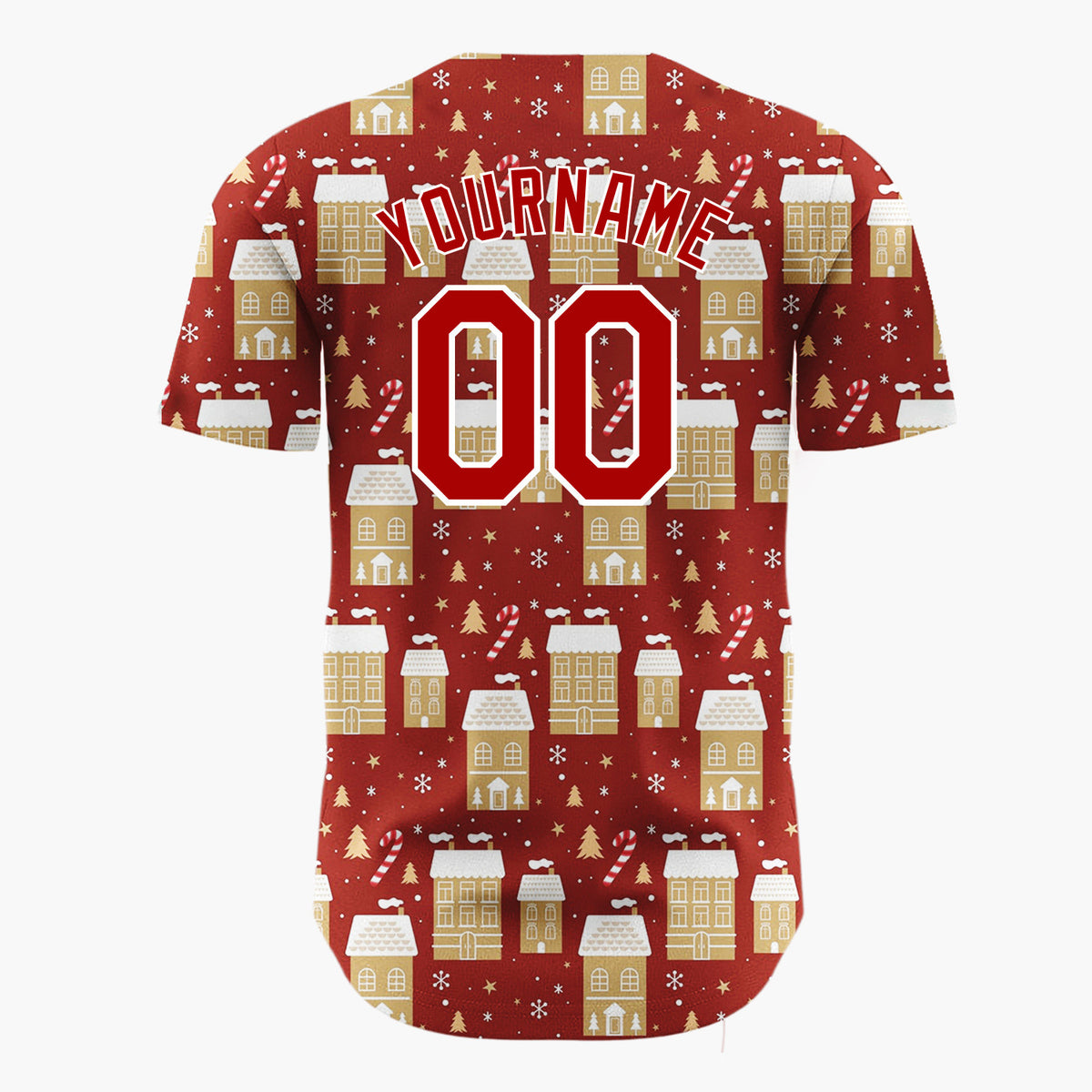 Custom Red Gold Houses Candy Canes And Snowflakes Christmas Village Pattern Christmas Baseball Jersey