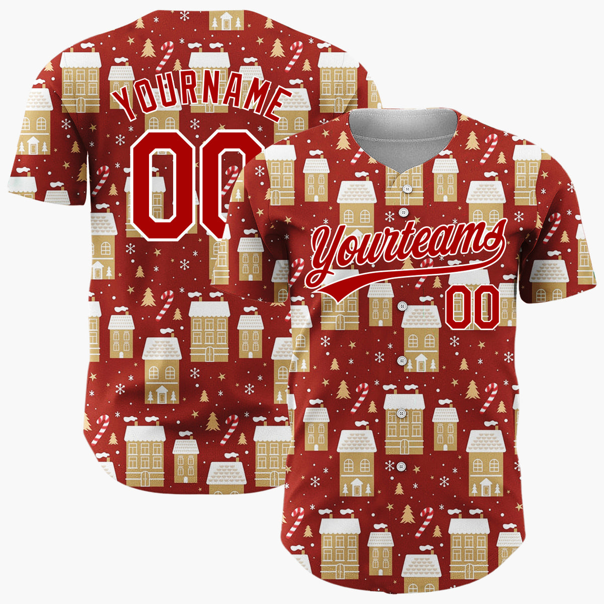 Custom Red Gold Houses Candy Canes And Snowflakes Christmas Village Pattern Christmas Baseball Jersey