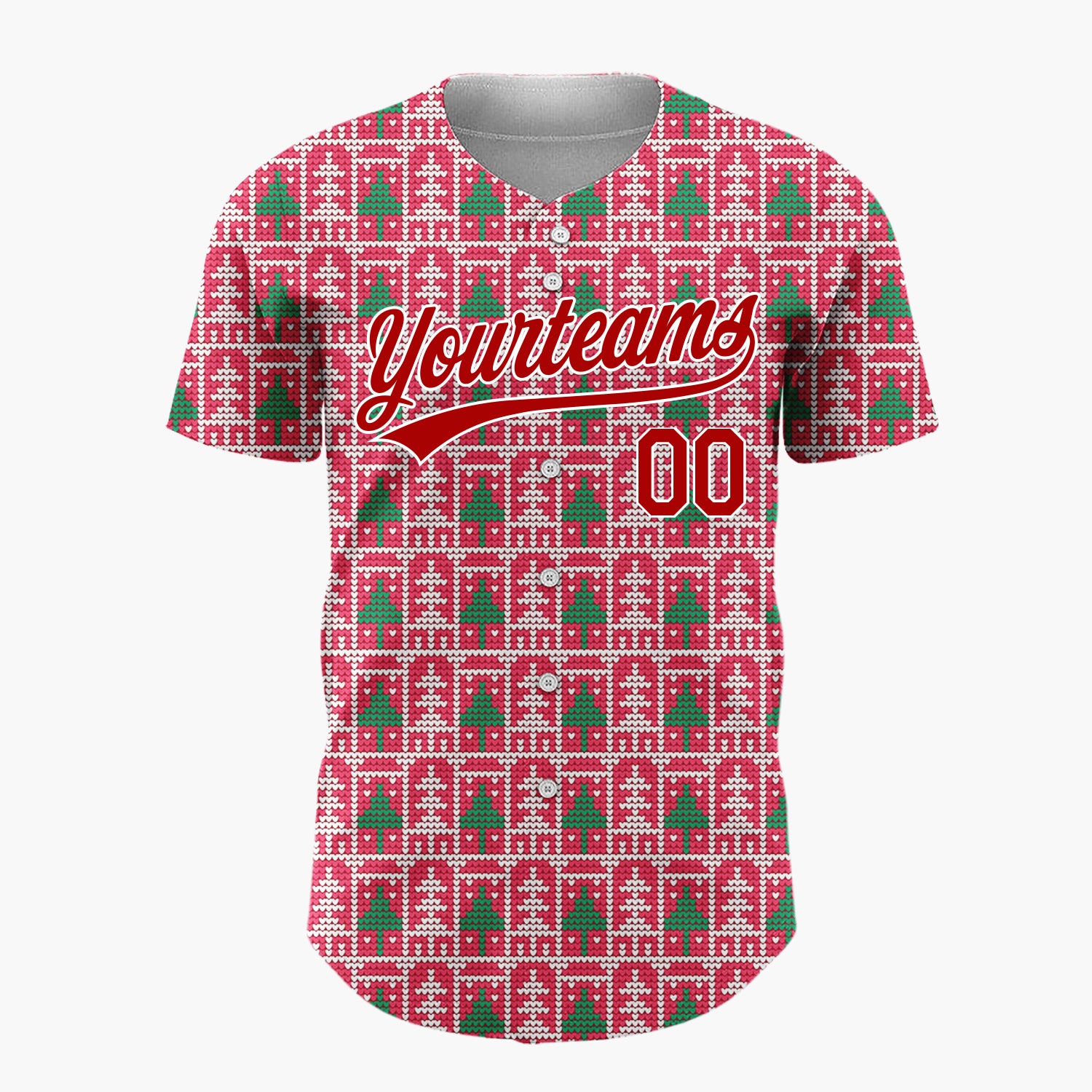 Custom Red Green Trees Houses And Borders Knitted Scandinavian Pattern Christmas Baseball Jersey