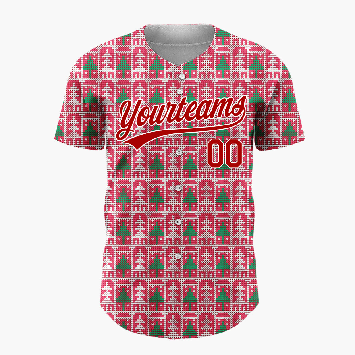 Custom Red Green Trees Houses And Borders Knitted Scandinavian Pattern Christmas Baseball Jersey
