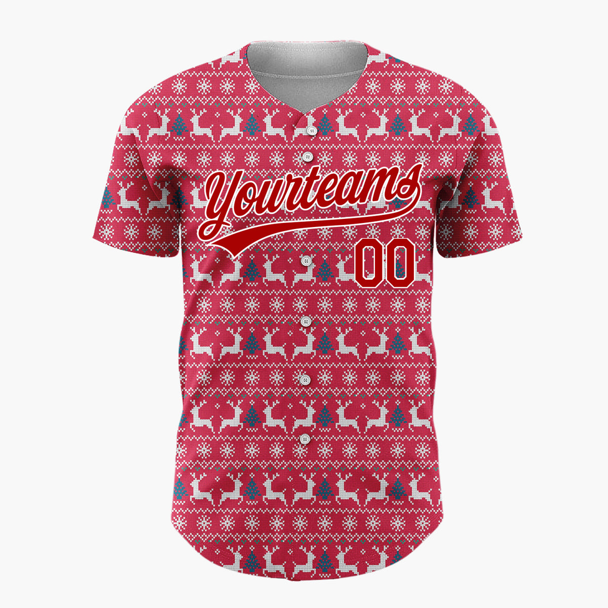 Custom Red White Blue Reindeer And Tree Nordic Knit Christmas Baseball Jersey