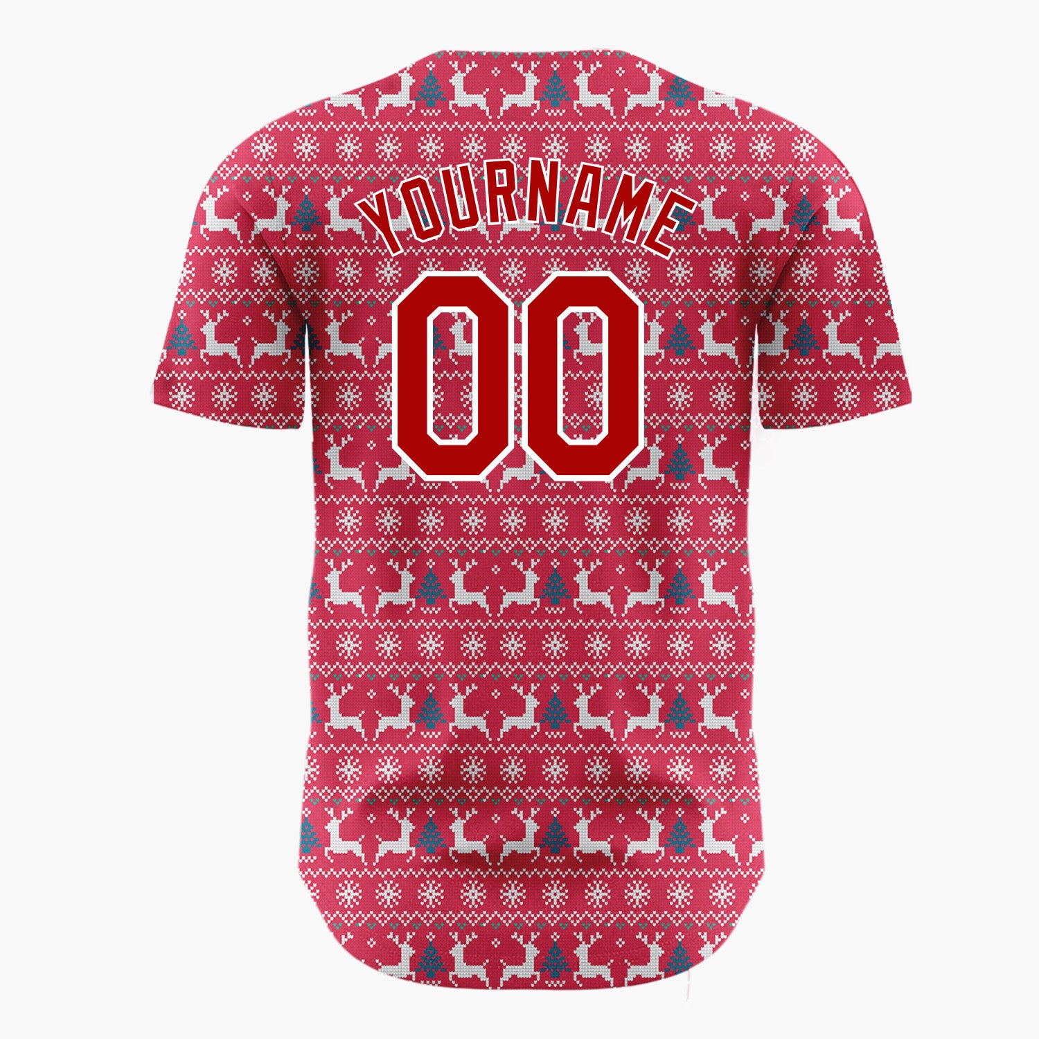 Custom Red White Blue Reindeer And Tree Nordic Knit Christmas Baseball Jersey