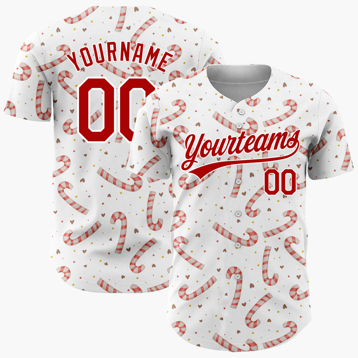 Custom White Red Candy Canes And Hearts Simple Holiday Pattern Christmas Baseball Jersey