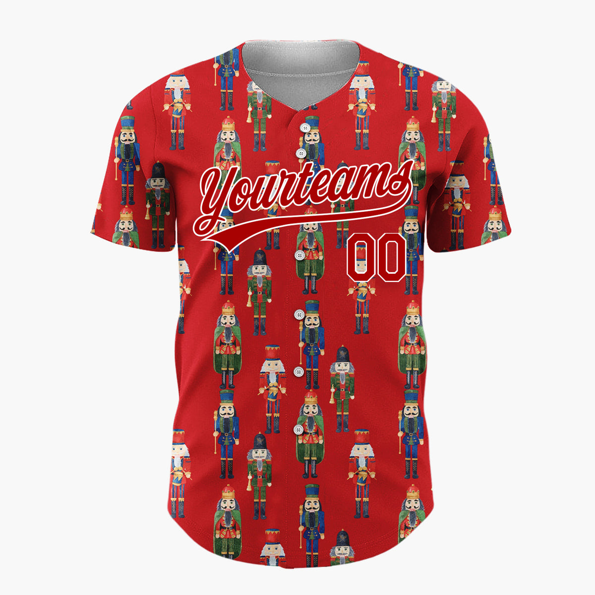 Custom Red Nutcracker Toy Soldier Watercolor Pattern Christmas Baseball Jersey