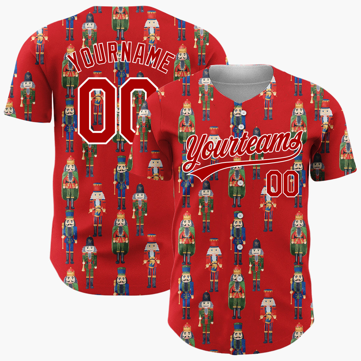 Custom Red Nutcracker Toy Soldier Watercolor Pattern Christmas Baseball Jersey