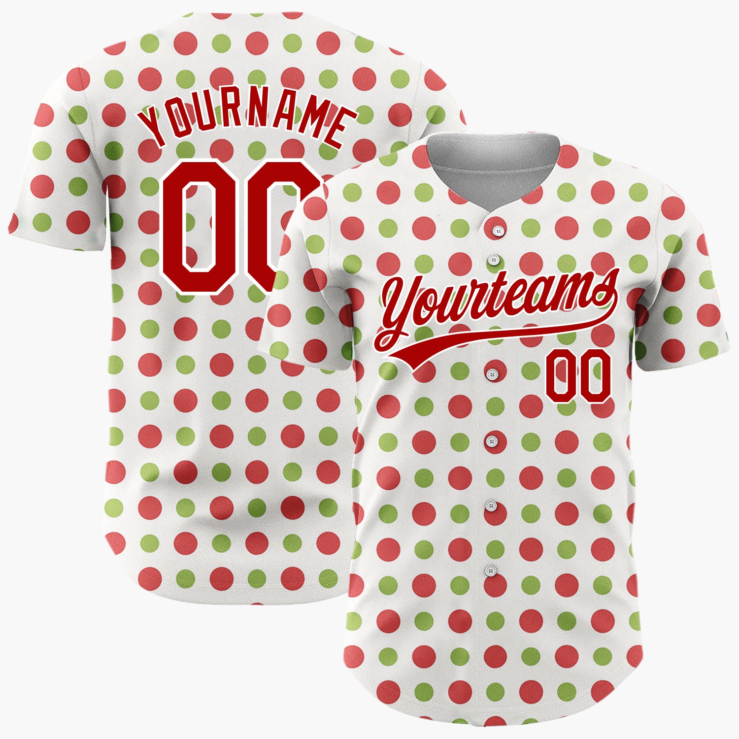 Custom White Red Green Polka Dots Simple Christmas Baseball Jersey