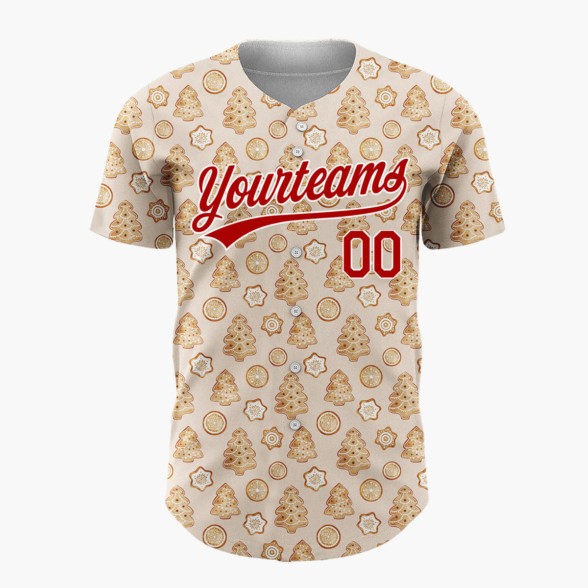 Custom Tan Gingerbread Trees And Oranges Baked Goods Pattern Christmas Baseball Jersey