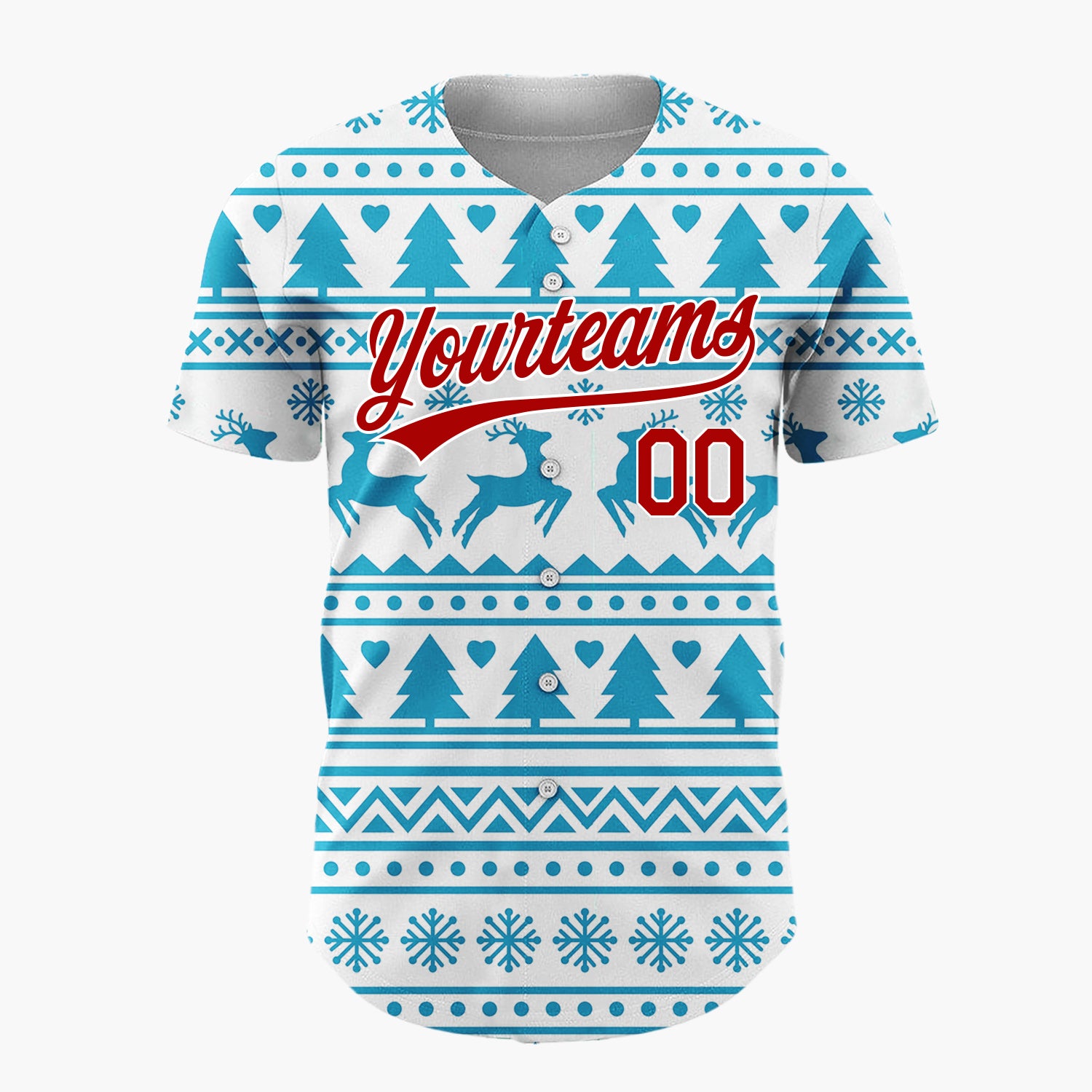 Custom White Blue Reindeer And Tree Nordic Fair Isle Pattern Christmas Baseball Jersey