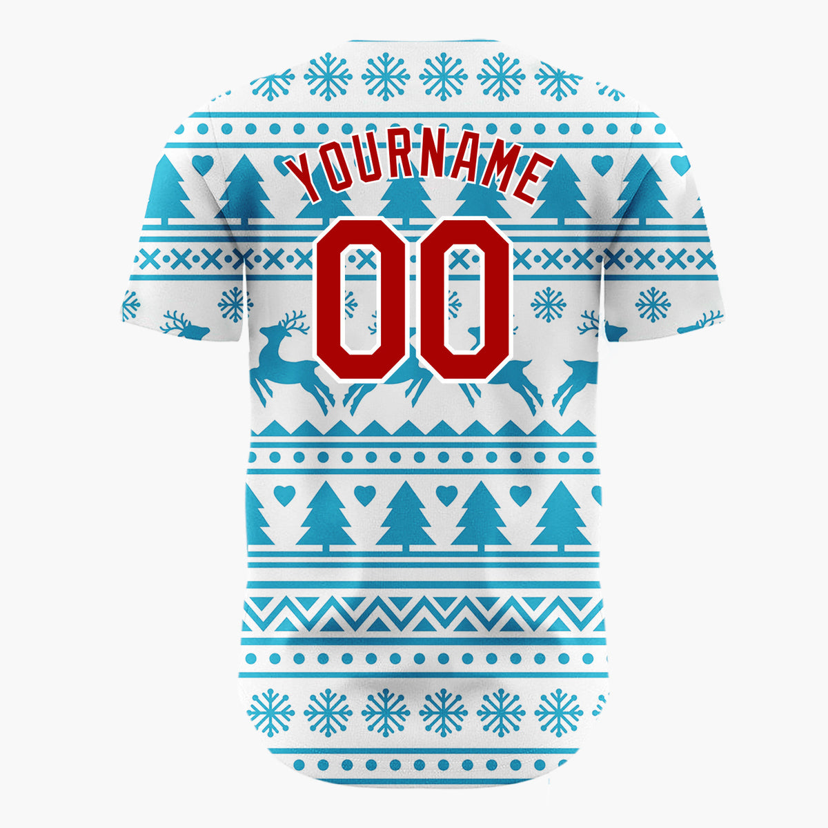 Custom White Blue Reindeer And Tree Nordic Fair Isle Pattern Christmas Baseball Jersey