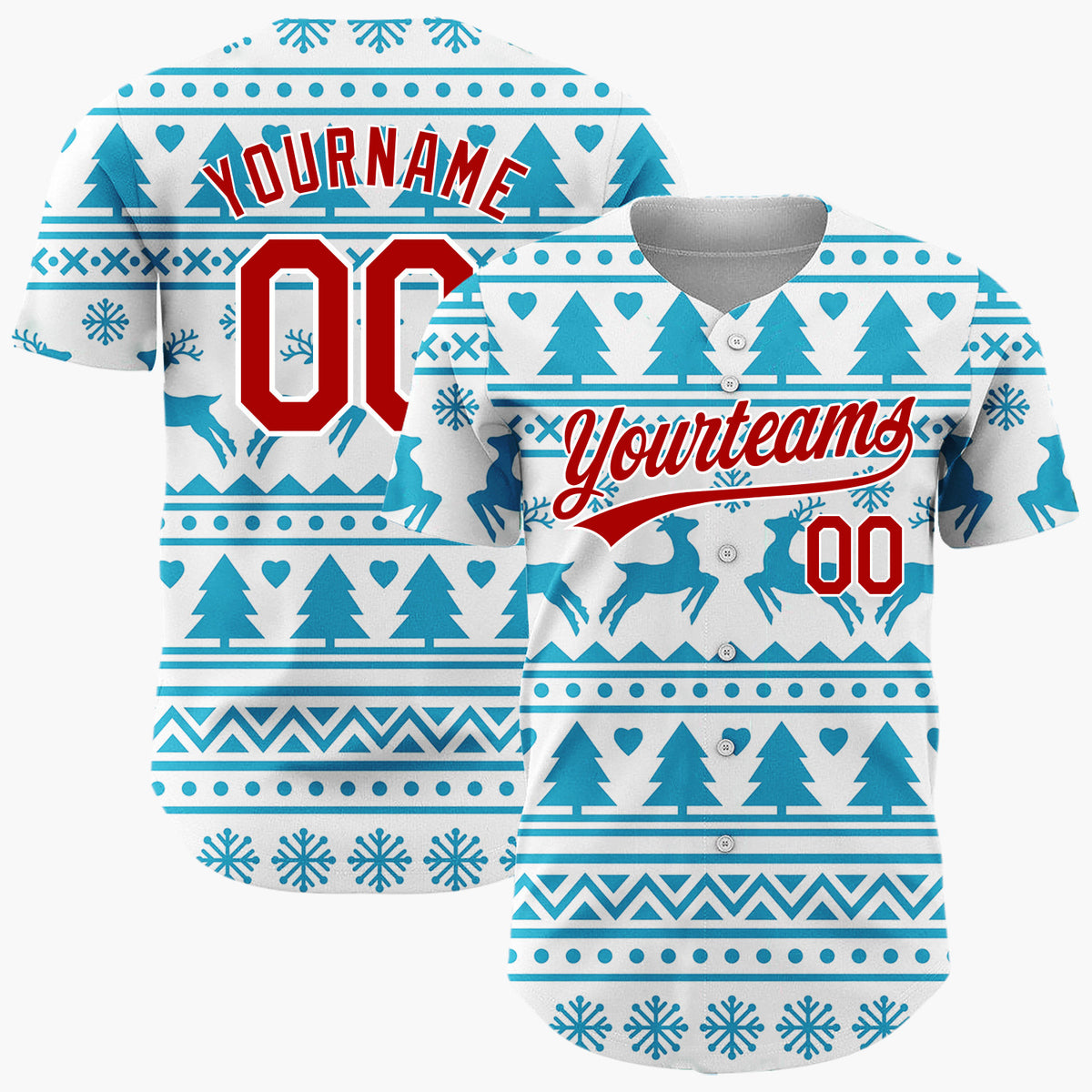 Custom White Blue Reindeer And Tree Nordic Fair Isle Pattern Christmas Baseball Jersey