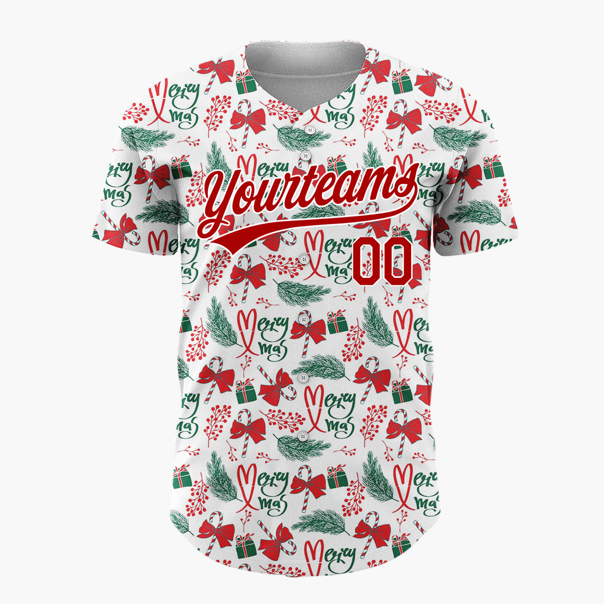 Custom White Red Green Bows Gifts And Candy Canes Merry Xmas Pattern Christmas Baseball Jersey
