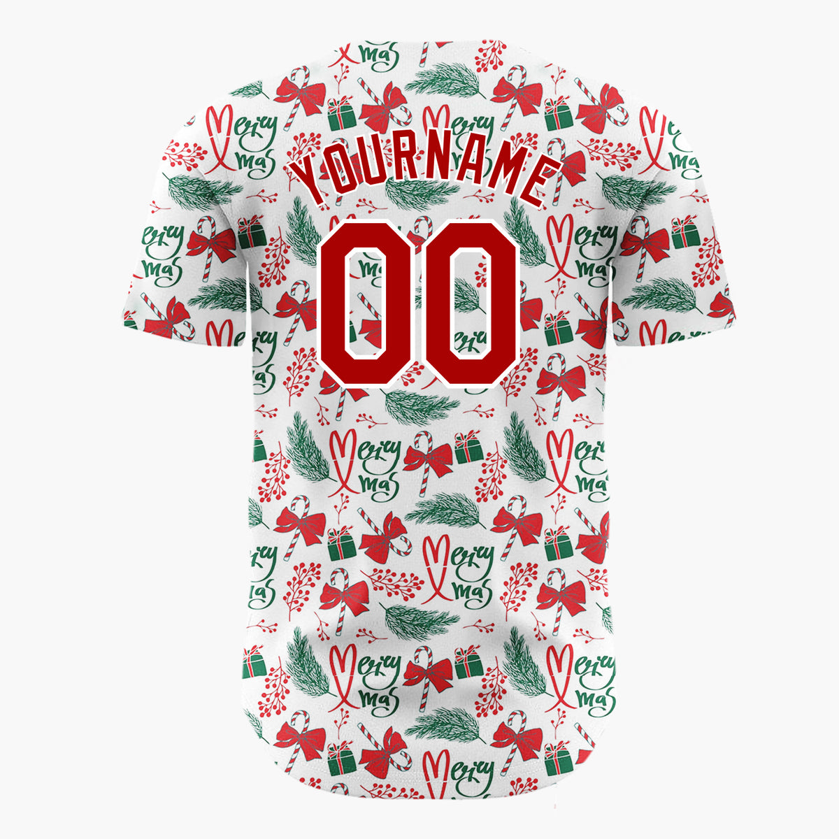 Custom White Red Green Bows Gifts And Candy Canes Merry Xmas Pattern Christmas Baseball Jersey