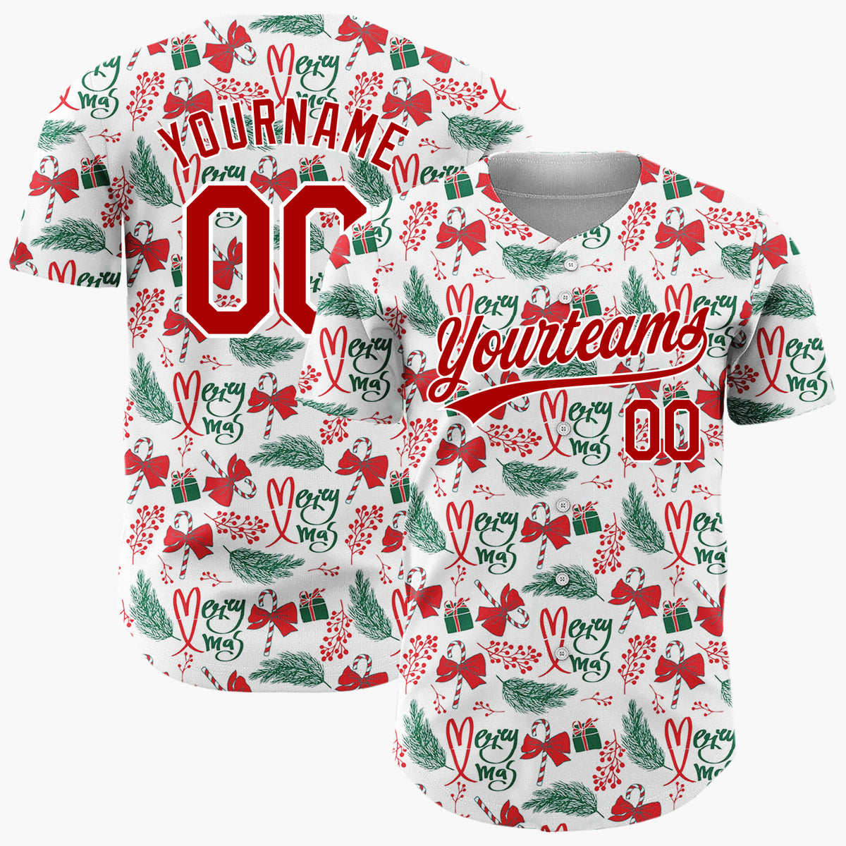 Custom White Red Green Bows Gifts And Candy Canes Merry Xmas Pattern Christmas Baseball Jersey