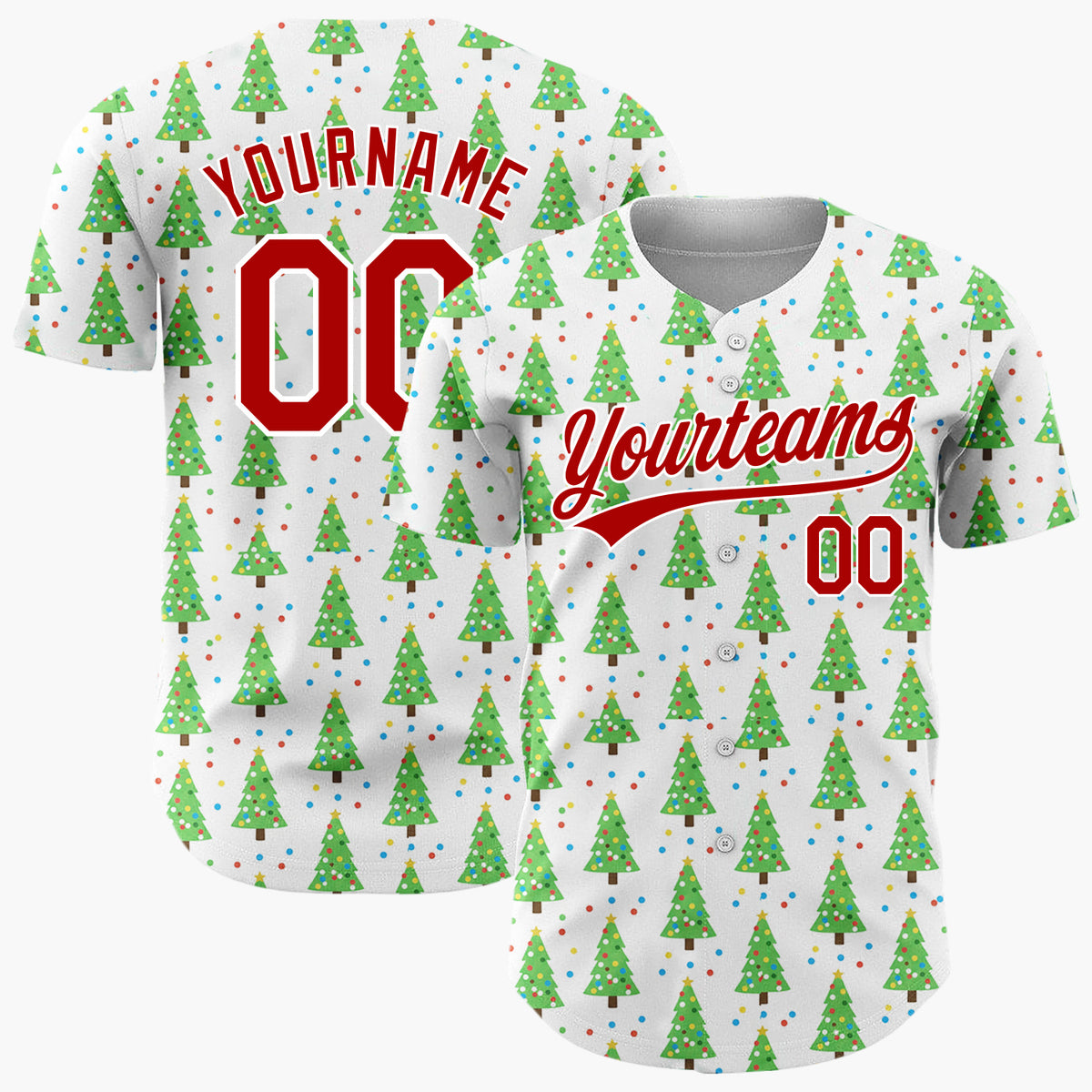 Custom White Green Christmas Trees With Colorful Dots Classic Holiday Pattern Christmas Baseball Jersey
