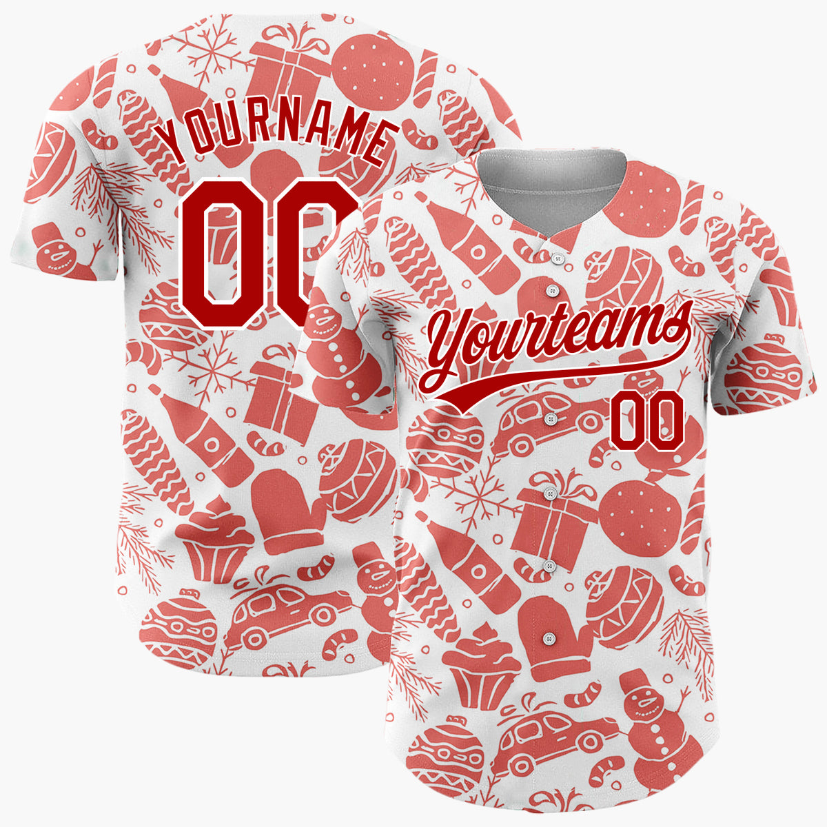 Custom White Red Christmas Doodle Sketch Pattern Christmas Baseball Jersey