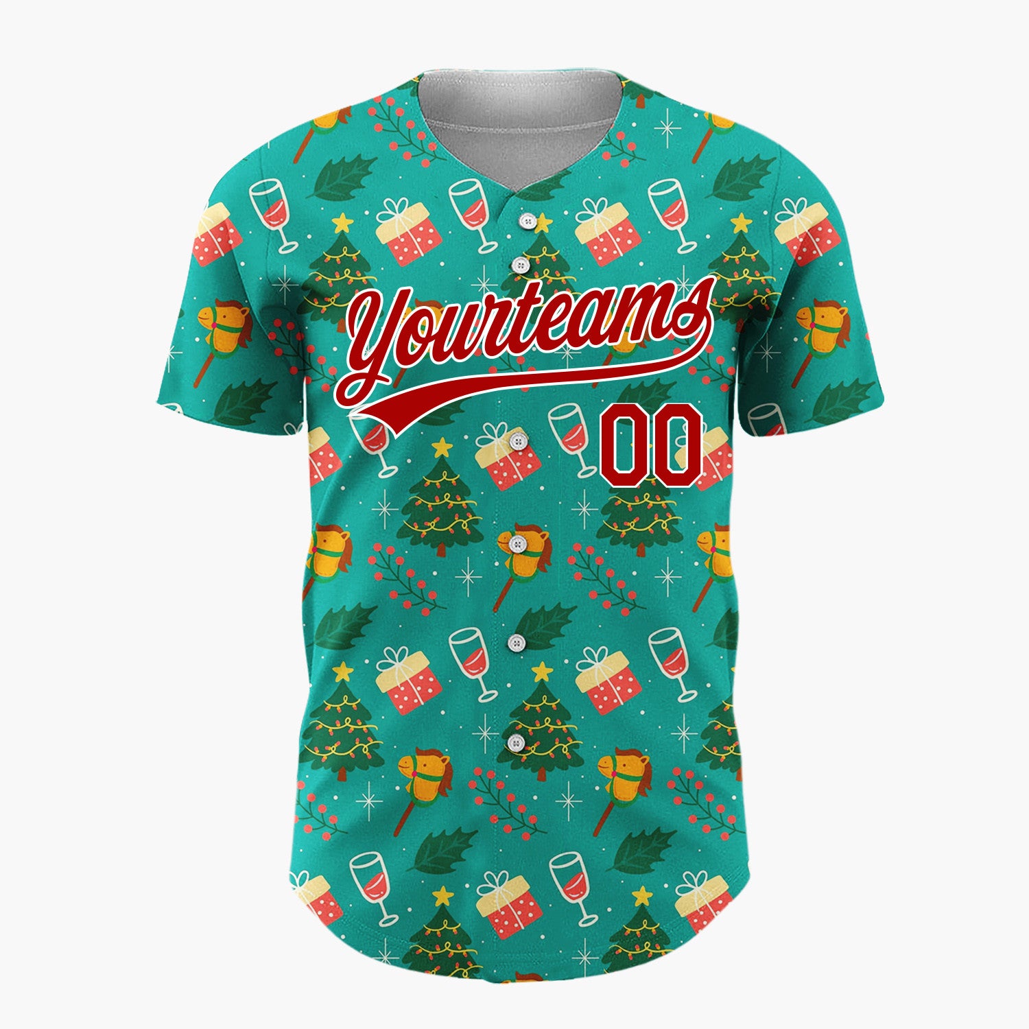 Custom Teal Green Trees Gifts And Rocking Horses Festive Christmas Baseball Jersey