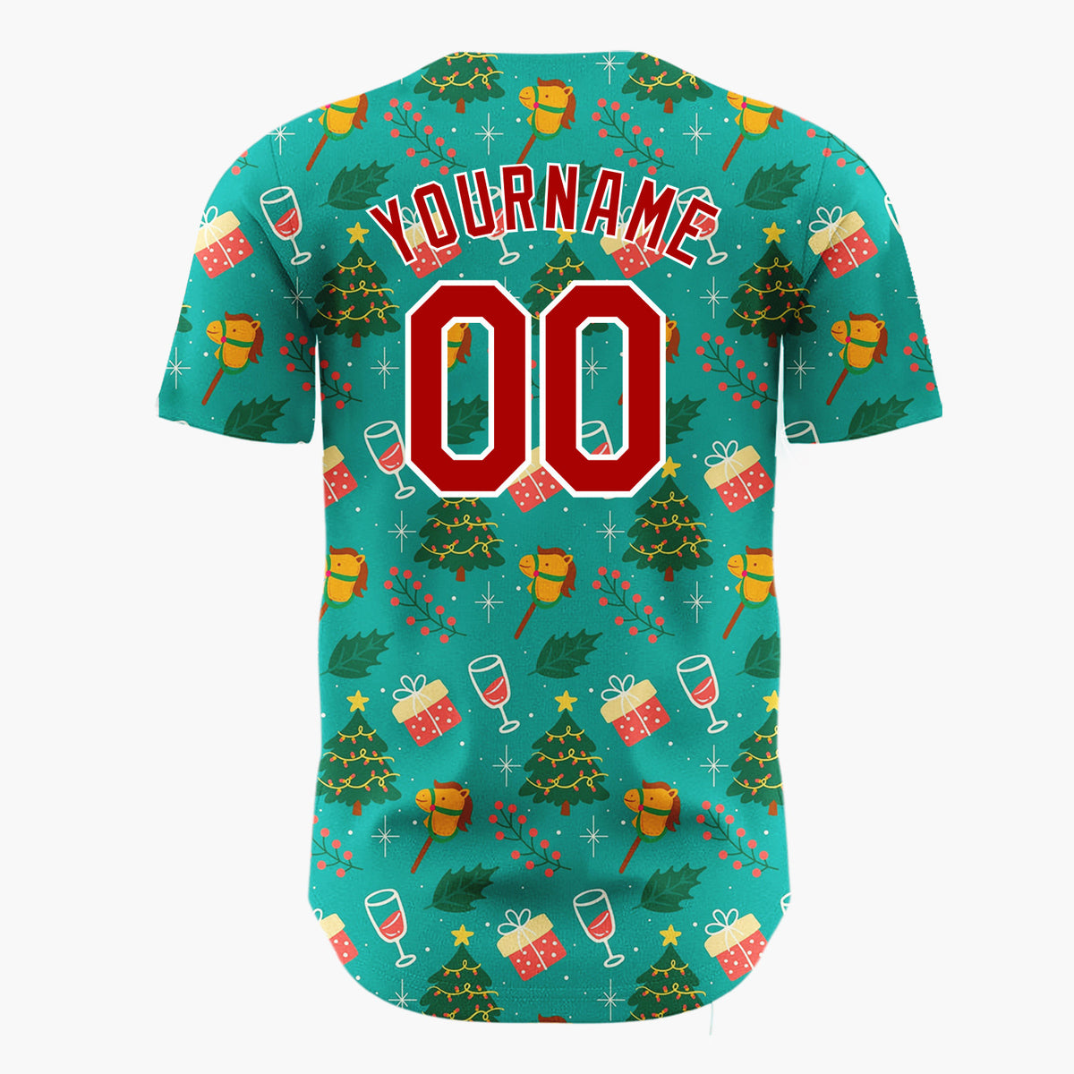 Custom Teal Green Trees Gifts And Rocking Horses Festive Christmas Baseball Jersey