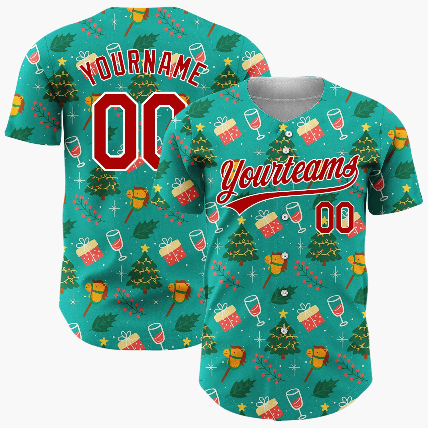 Custom Teal Green Trees Gifts And Rocking Horses Festive Christmas Baseball Jersey