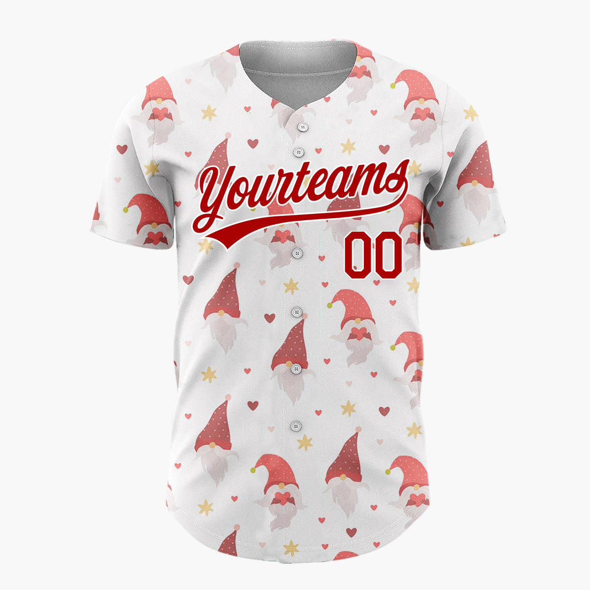 Custom White Red Christmas Gnomes With Hearts And Stars Festive Pattern Christmas Baseball Jersey