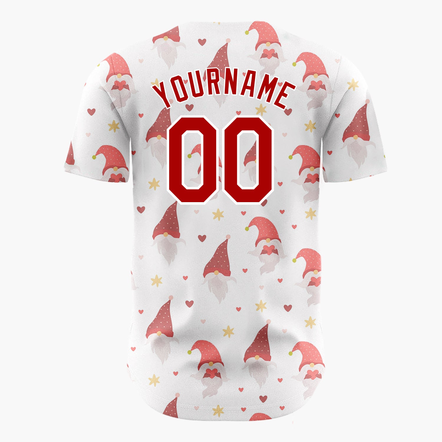 Custom White Red Christmas Gnomes With Hearts And Stars Festive Pattern Christmas Baseball Jersey