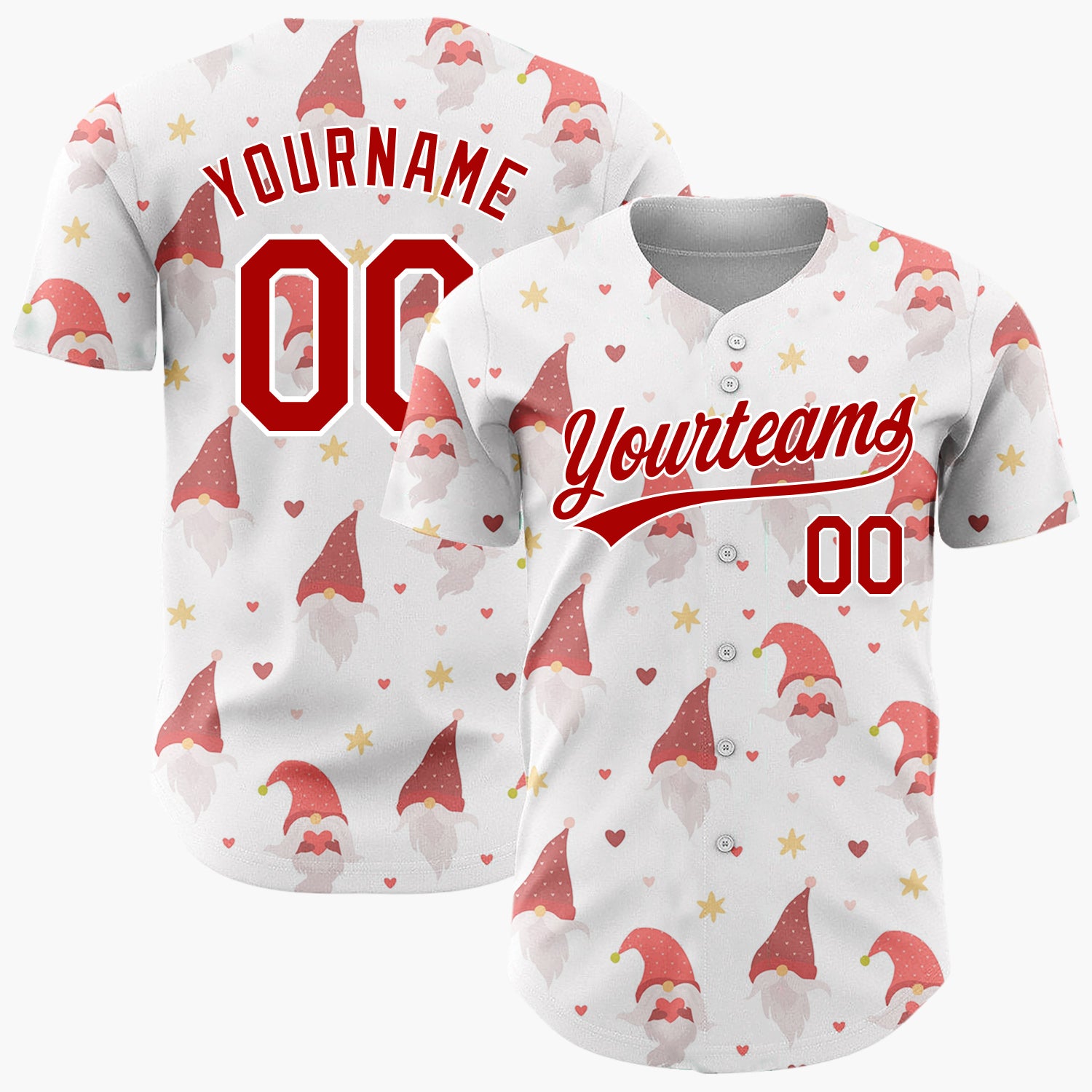 Custom White Red Christmas Gnomes With Hearts And Stars Festive Pattern Christmas Baseball Jersey