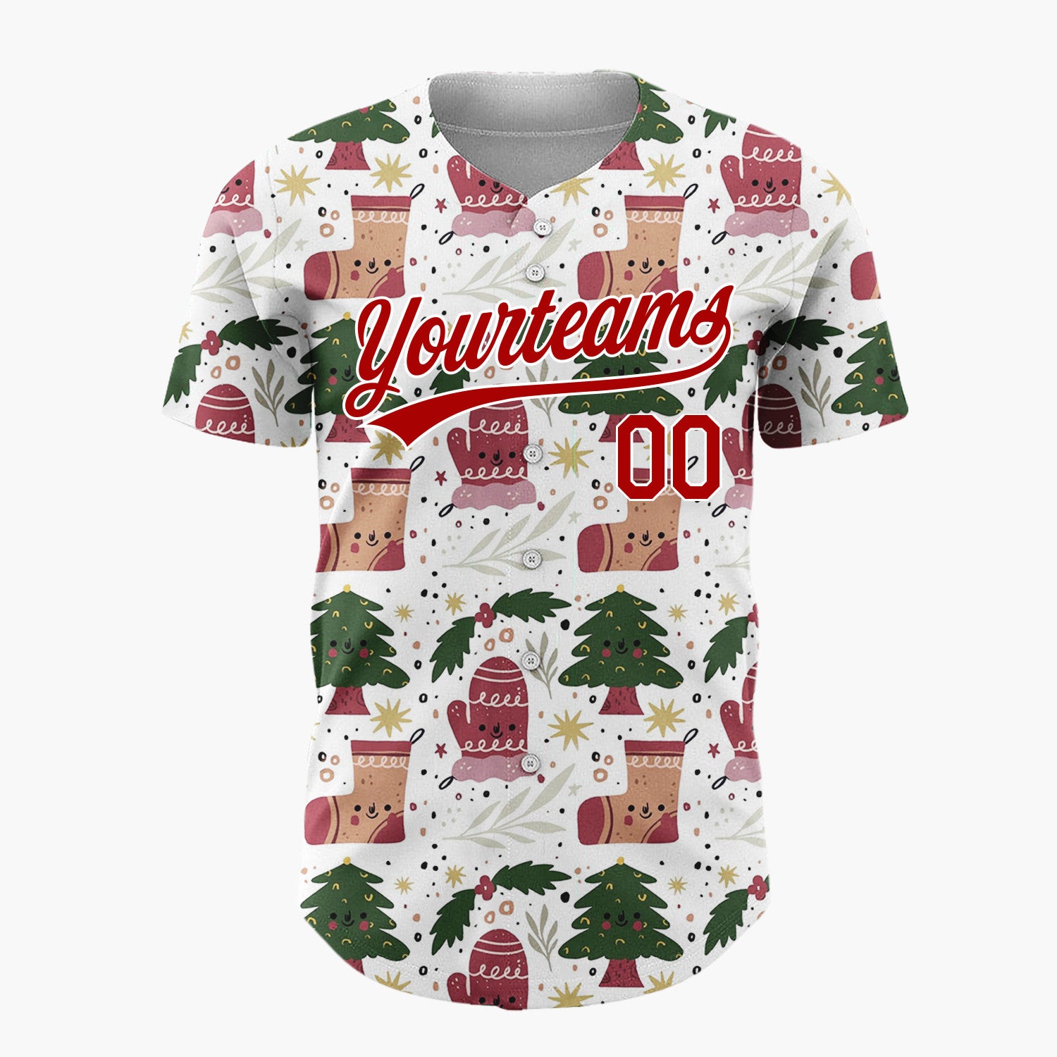 Custom White Green Christmas Trees Mittens And Stockings Cute Holiday Pattern Christmas Baseball Jersey
