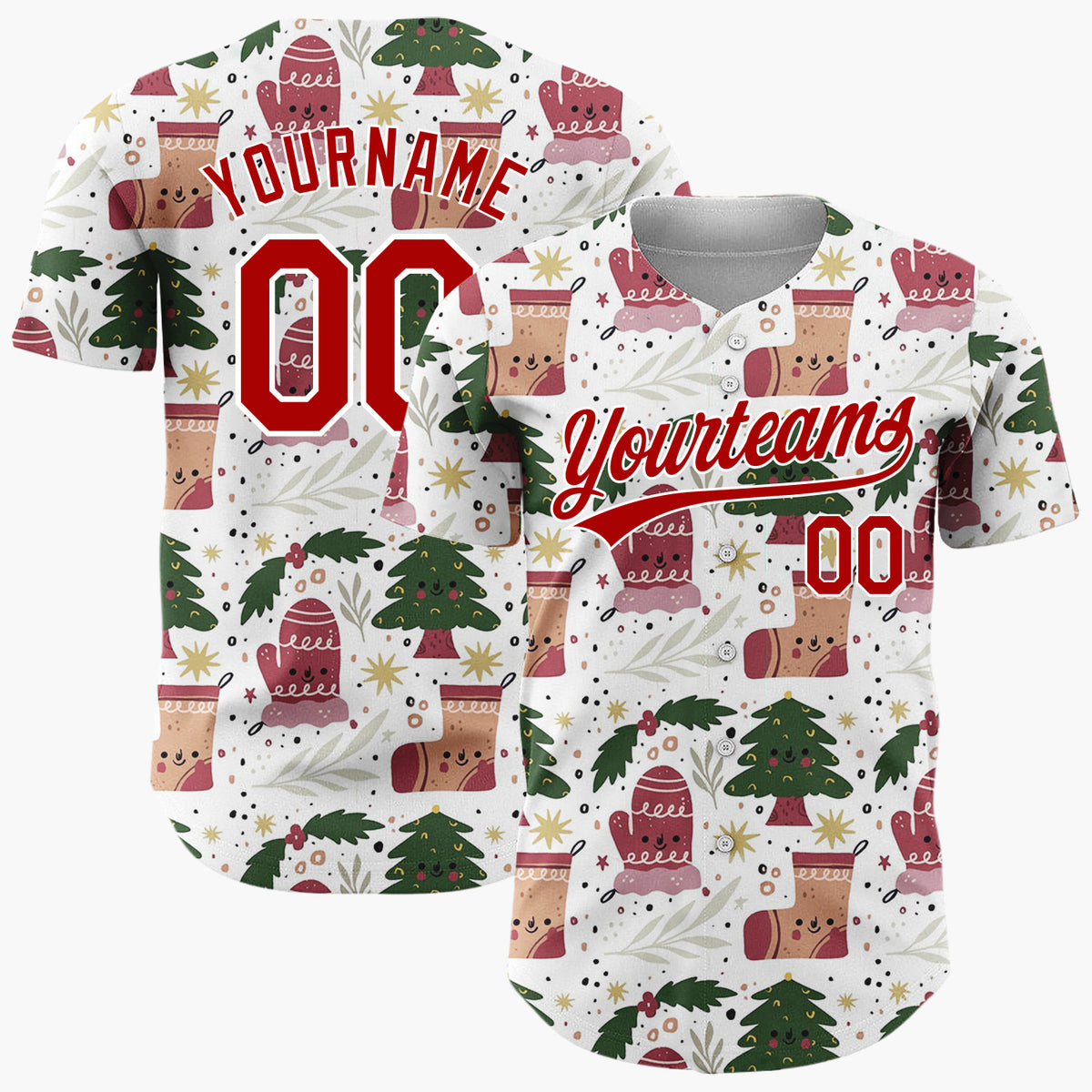 Custom White Green Christmas Trees Mittens And Stockings Cute Holiday Pattern Christmas Baseball Jersey