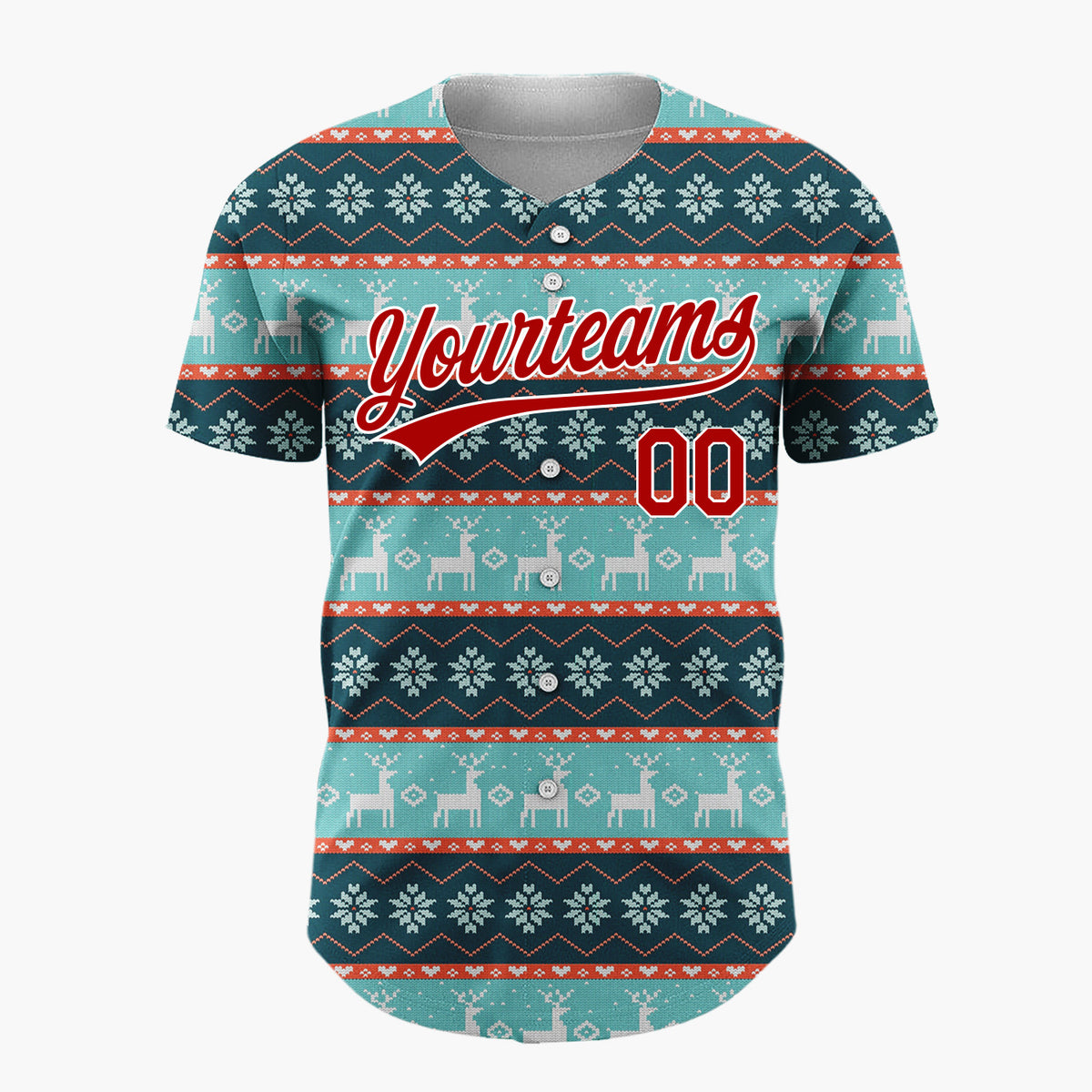 Custom Teal Red White Reindeer And Snowflakes Knitted Christmas Baseball Jersey