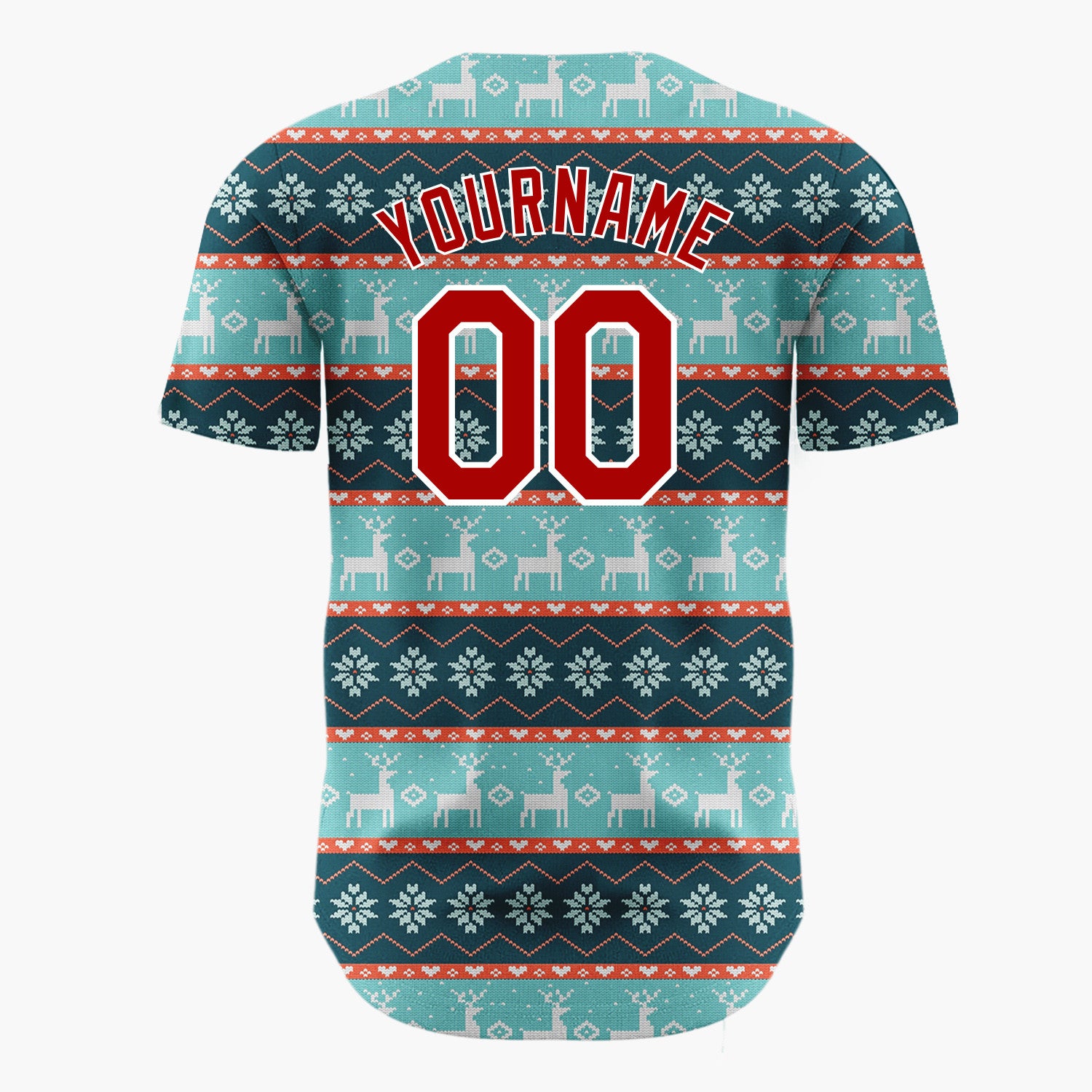 Custom Teal Red White Reindeer And Snowflakes Knitted Christmas Baseball Jersey