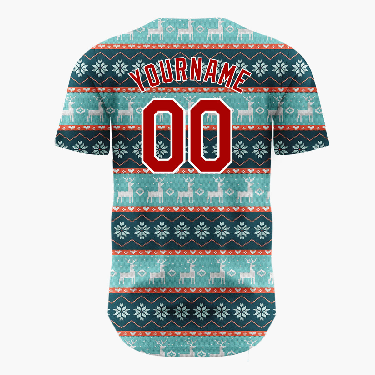 Custom Teal Red White Reindeer And Snowflakes Knitted Christmas Baseball Jersey