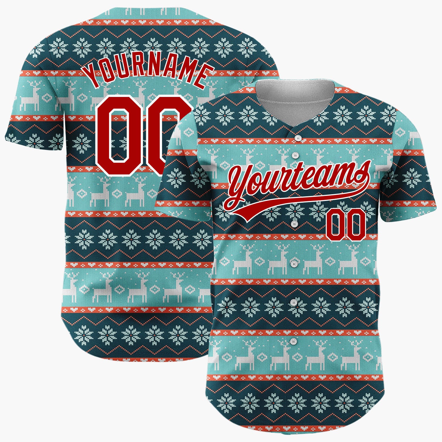 Custom Teal Red White Reindeer And Snowflakes Knitted Christmas Baseball Jersey