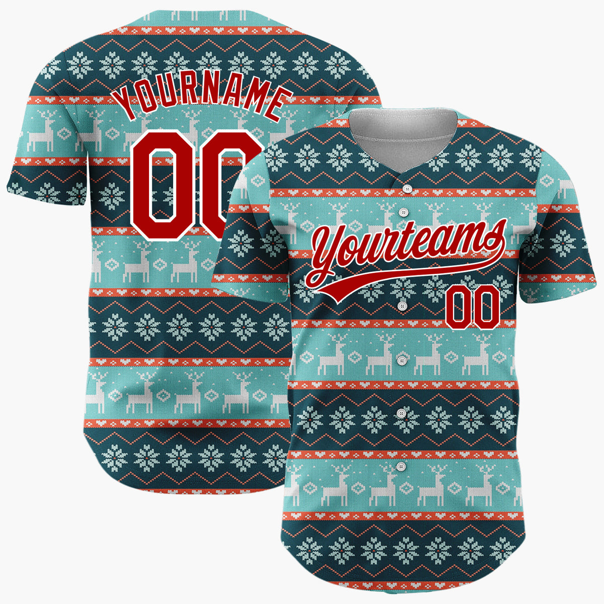 Custom Teal Red White Reindeer And Snowflakes Knitted Christmas Baseball Jersey