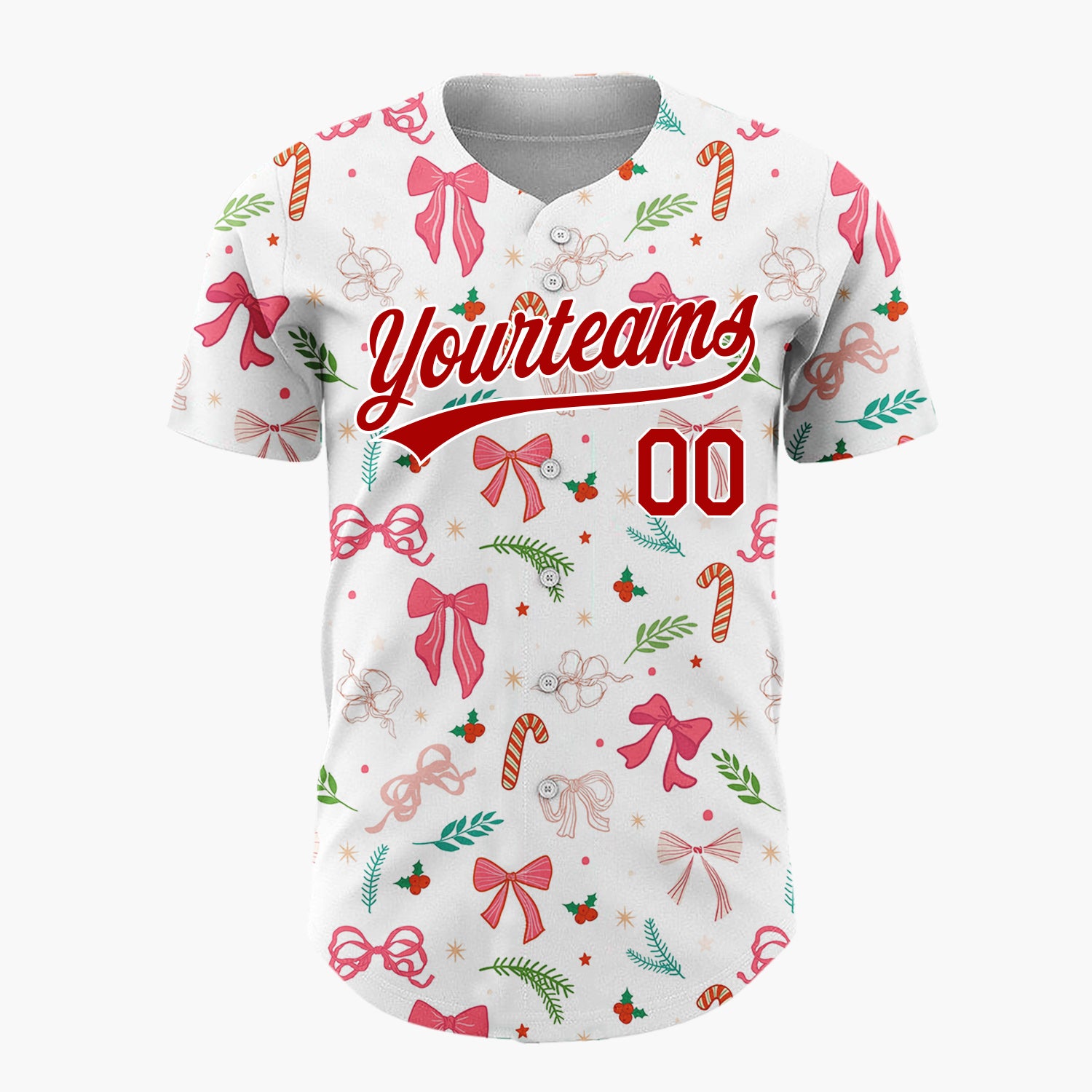 Custom White Pink Bows Holly Sprigs Whimsical Christmas Baseball Jersey