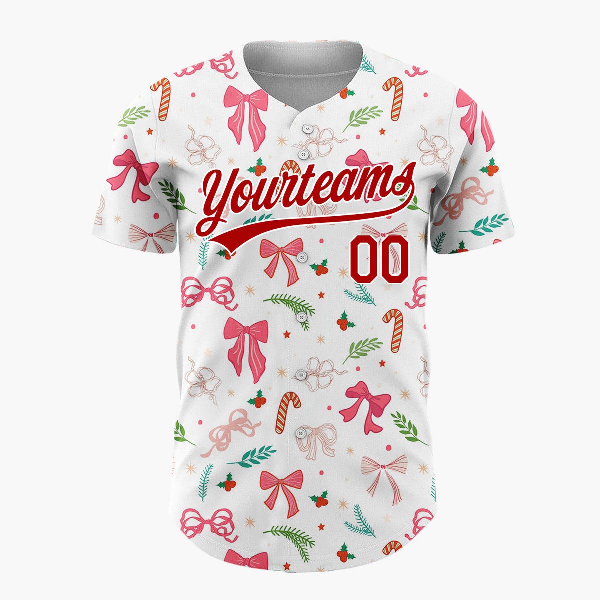 Custom White Pink Bows Holly Sprigs Whimsical Christmas Baseball Jersey