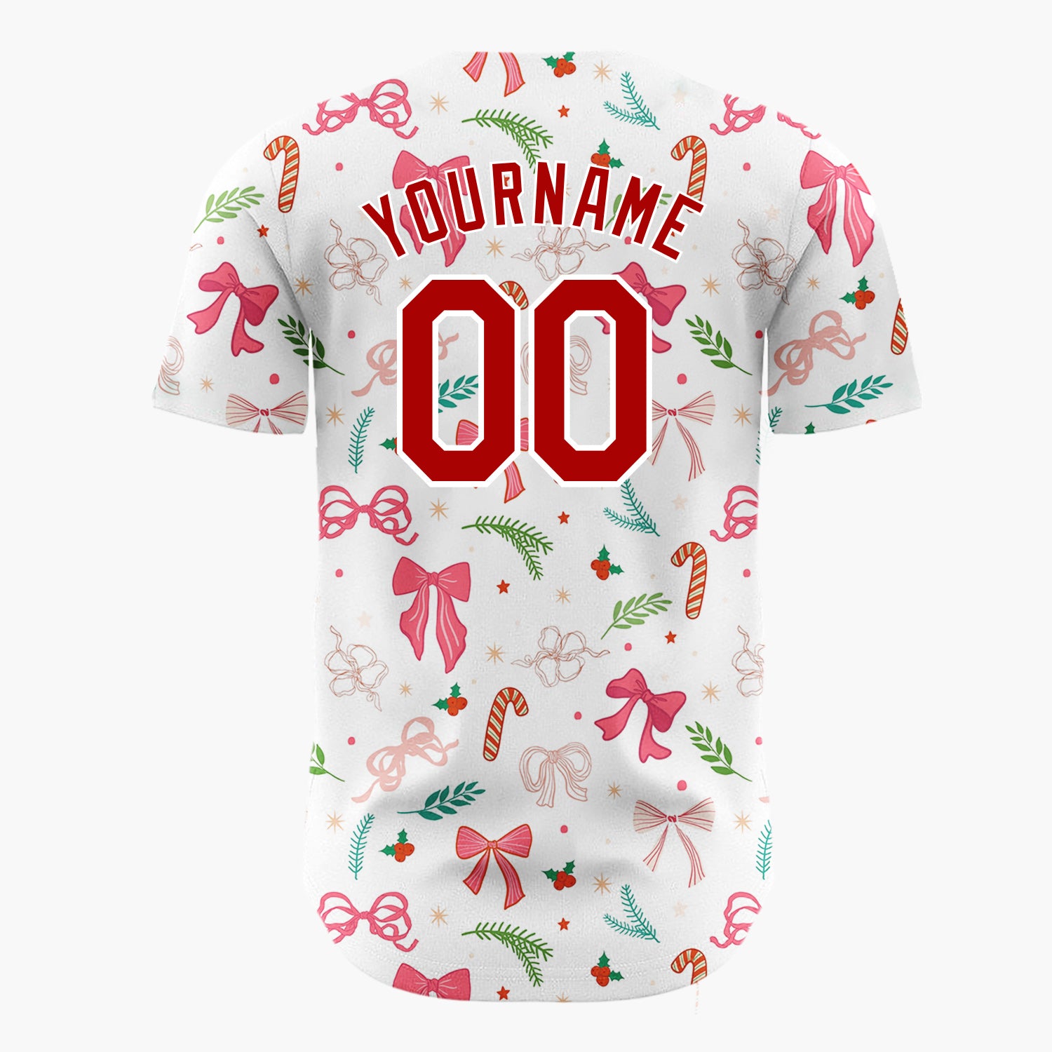Custom White Pink Bows Holly Sprigs Whimsical Christmas Baseball Jersey