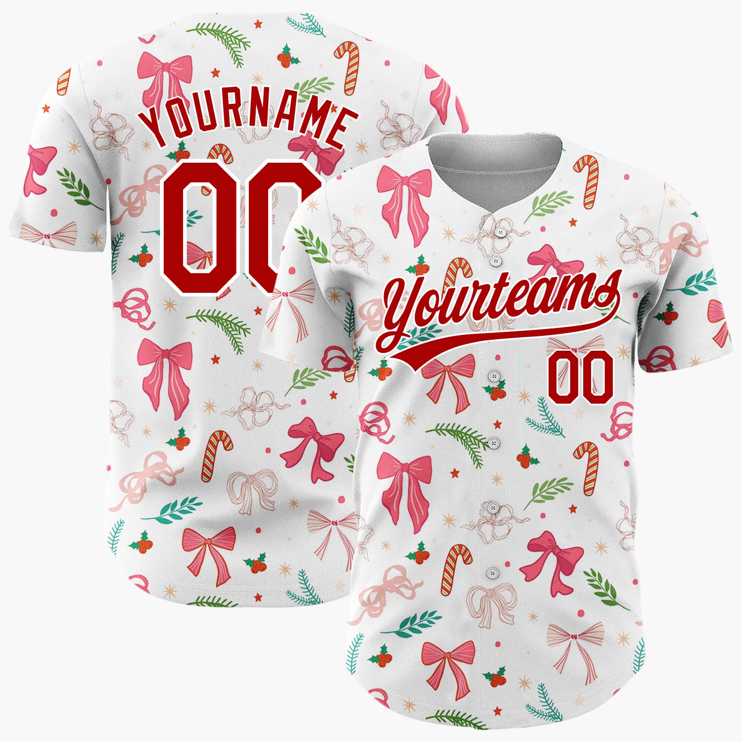 Custom White Pink Bows Holly Sprigs Whimsical Christmas Baseball Jersey