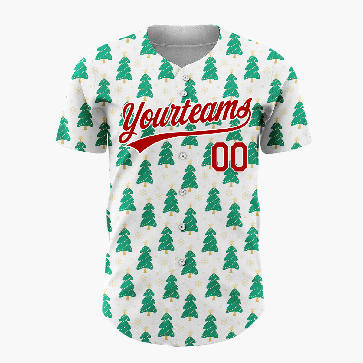 Custom White Green Christmas Tree Cartoon Pattern Christmas Baseball Jersey