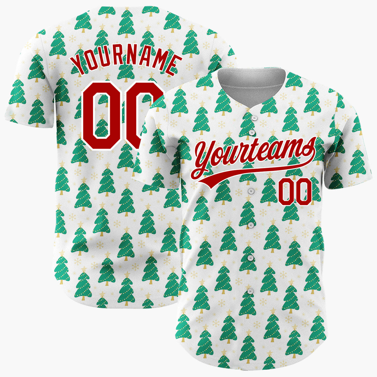 Custom White Green Christmas Tree Cartoon Pattern Christmas Baseball Jersey