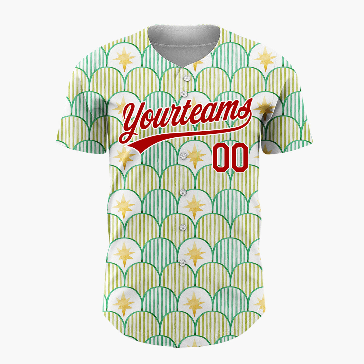 Custom White Green Scallop Scale And Star Watercolor Pattern Christmas Baseball Jersey