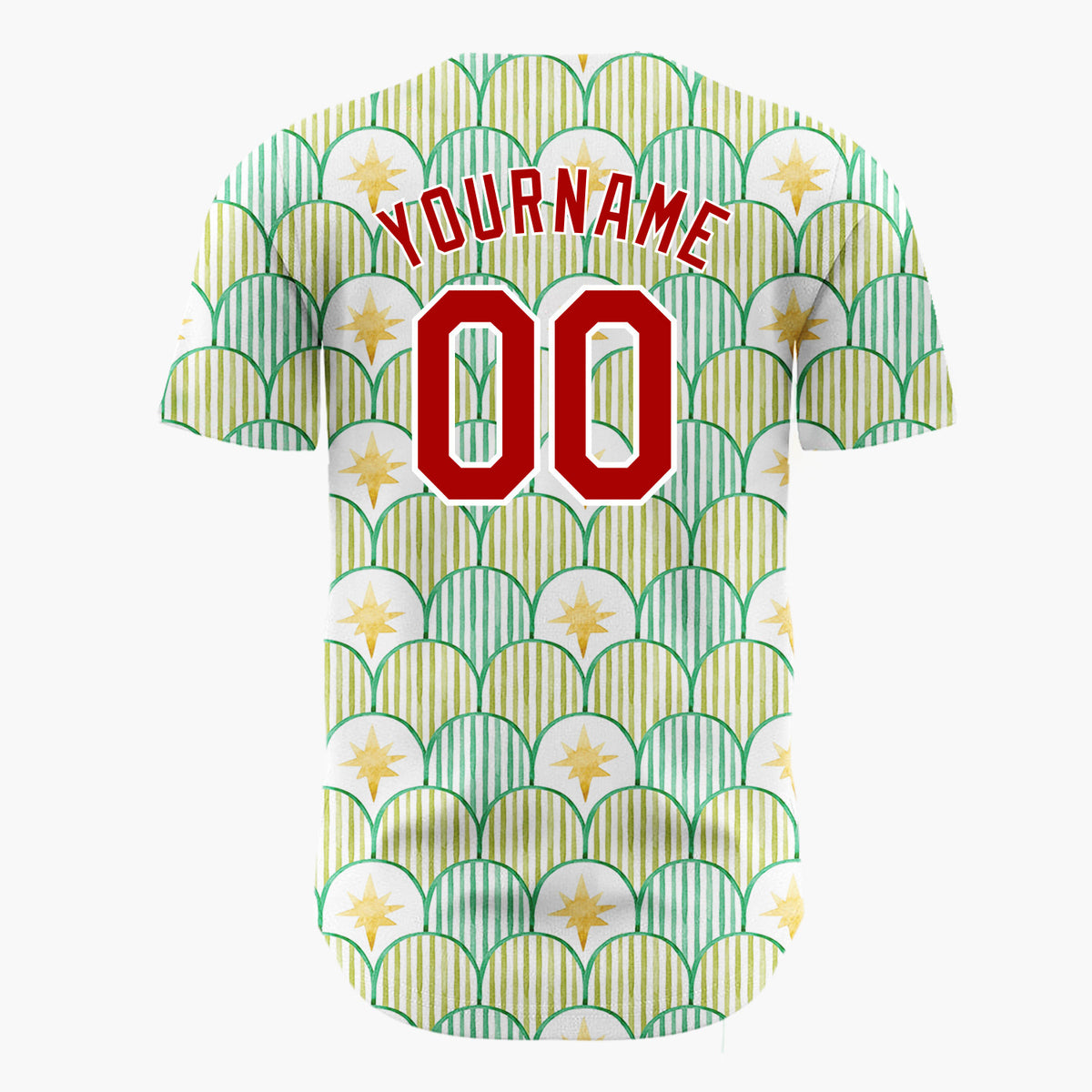 Custom White Green Scallop Scale And Star Watercolor Pattern Christmas Baseball Jersey