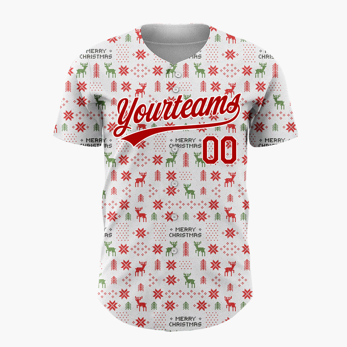 Custom White Red Green Reindeer Trees And Snowflakes Nordic Fair Isle Christmas Baseball Jersey