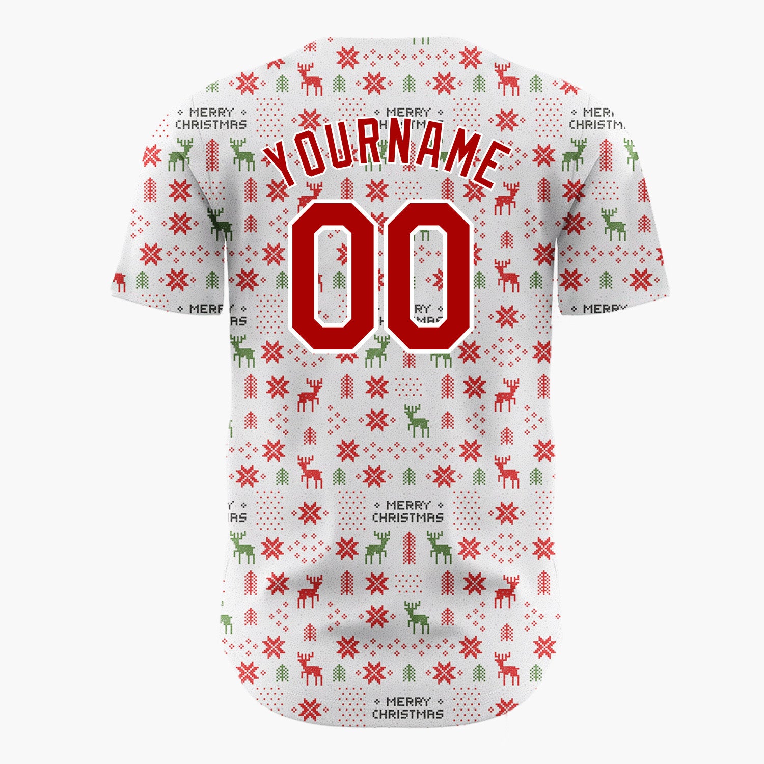 Custom White Red Green Reindeer Trees And Snowflakes Nordic Fair Isle Christmas Baseball Jersey