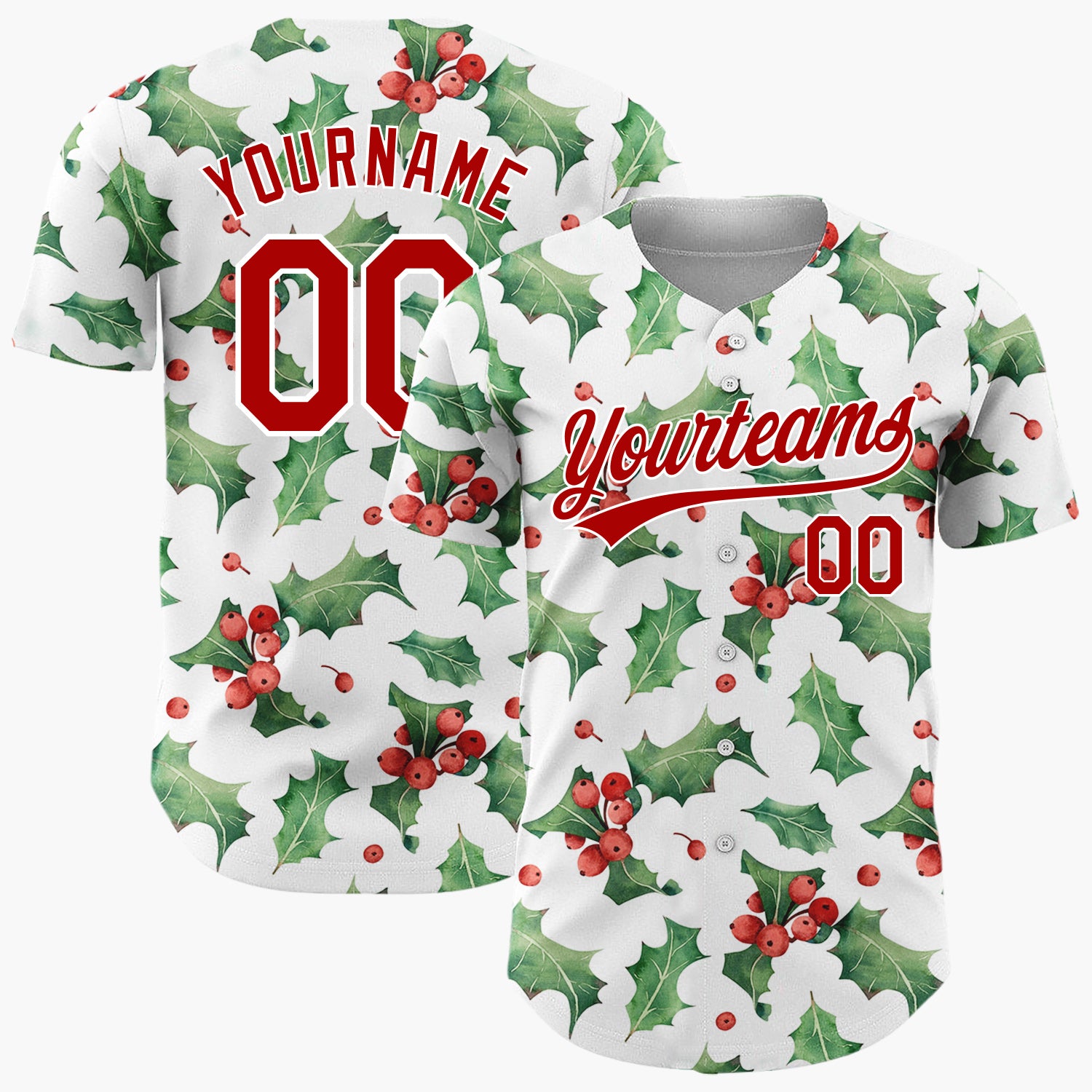 Custom White Holly Leaves And Berries Watercolor Christmas Baseball Jersey