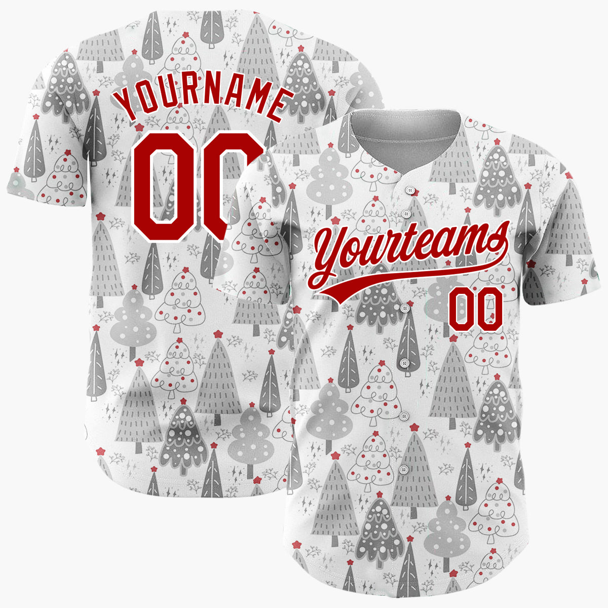 Custom White Grey Black Christmas Trees Hand Drawn Winter Pattern Christmas Baseball Jersey