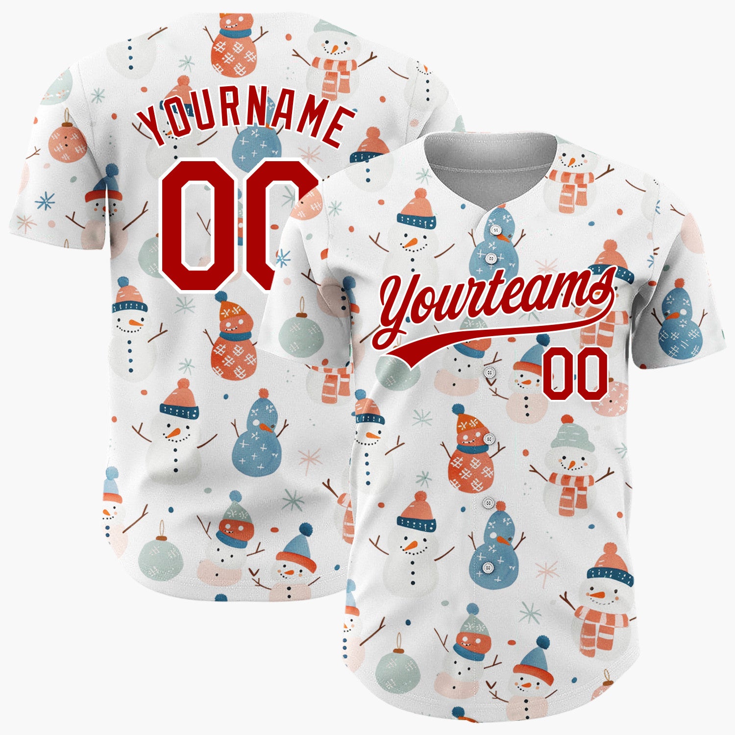 Custom White Pastel Snowmen And Ornaments Cute Festive Pattern Christmas Baseball Jersey