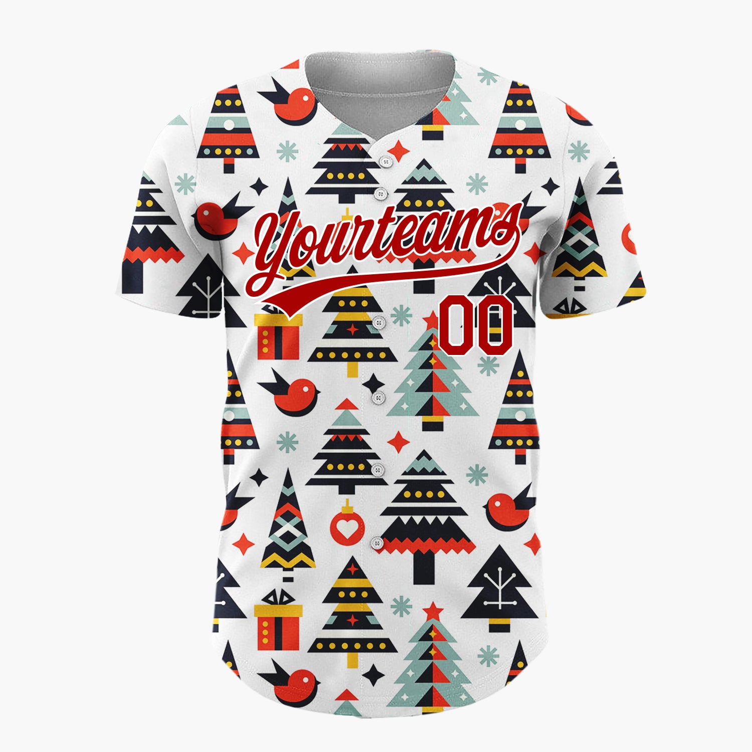 Custom White Christmas Trees Bird And Gifts Geometric Christmas Baseball Jersey